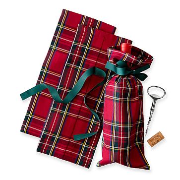 Fabric Wine Bag, Red Preppy, Plaid Set of 3