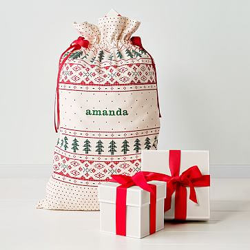 Santa Sack, Cotton, Fair Isle Christmas Tree, Red/Green