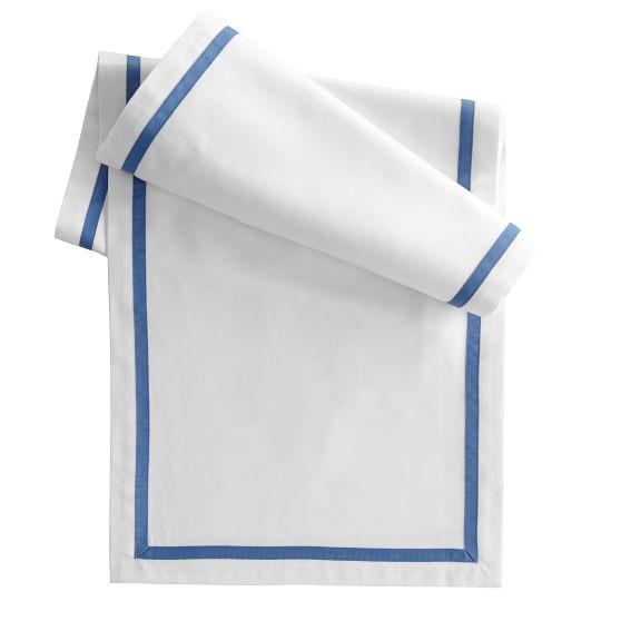 Table Runner with Inset Grosgrain Border, White Cotton with Porcelain Blue