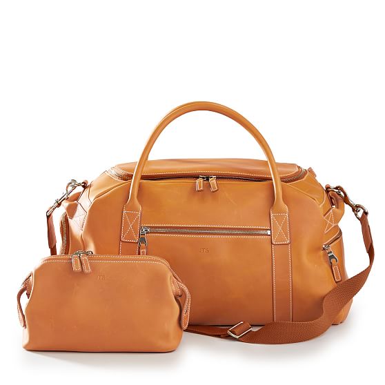 Baseball Leather Overnight Bag And Travel Pouch Set