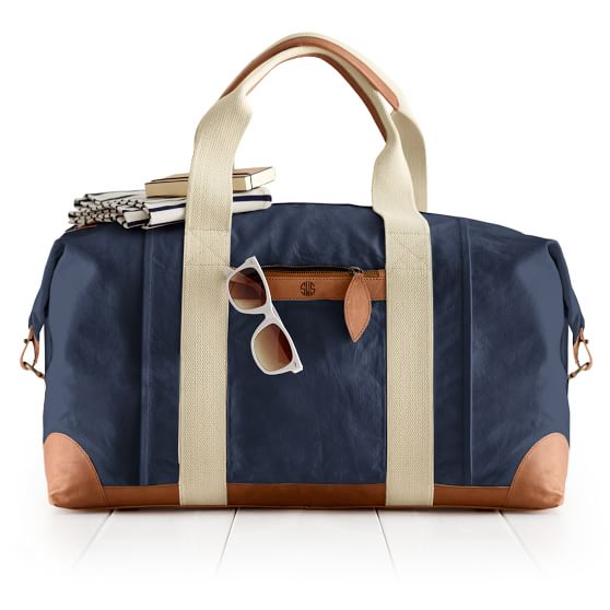 Canvas and Leather Weekend Bag, Navy and Brown