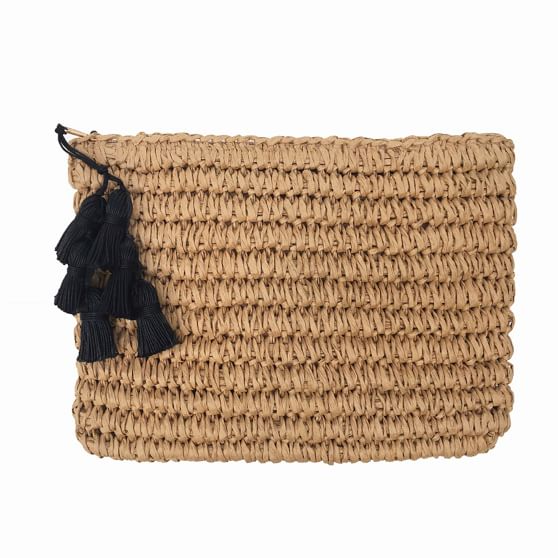 Gigi Straw Zipper Pouch, Natural, Black