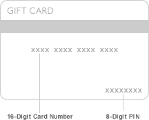 Image of the back of a Gift Card depicting where to locate the Gift Card Number and PIN number Back of Gift Card